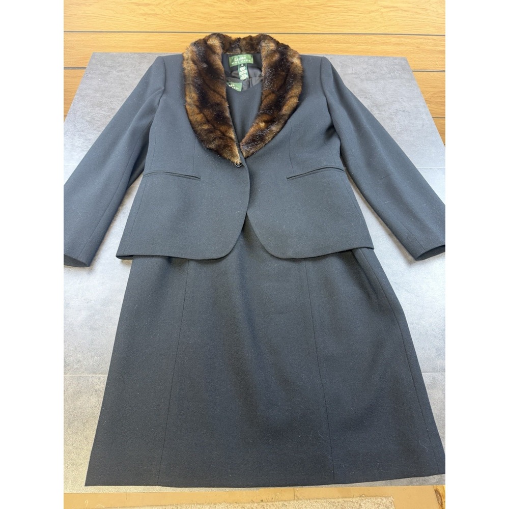 VTG Lauren Ralph Lauren 2 Pc Wool Dress Jacket Suit Faux Fur Collar USA Size 8